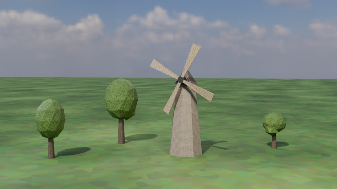 A tall hexagonal brick mill with four wood-grain sails and three simple round trees on a mottled green field under a cloudy blue sky.