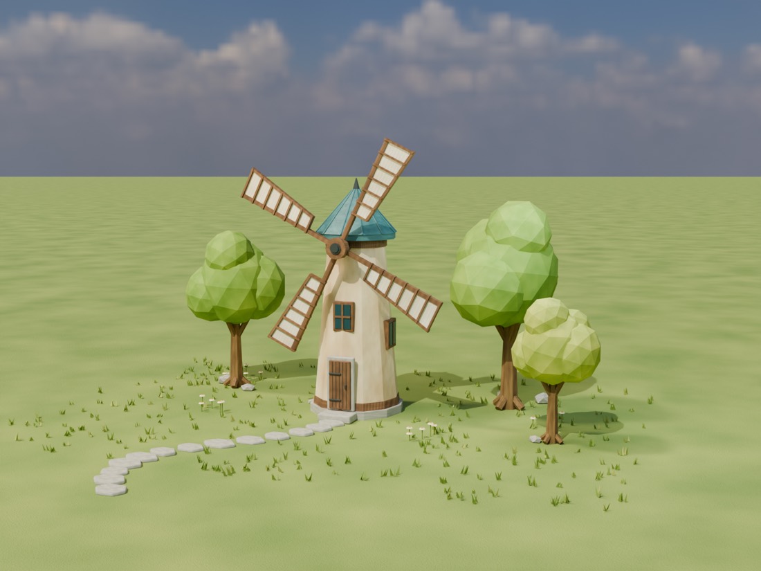 A low-poly cream Dutch windmill with a teal conical roof, four white-and-wood sails, a curved stone path, small white flowers, and three faceted green trees on a green field under a cloudy blue sky.
