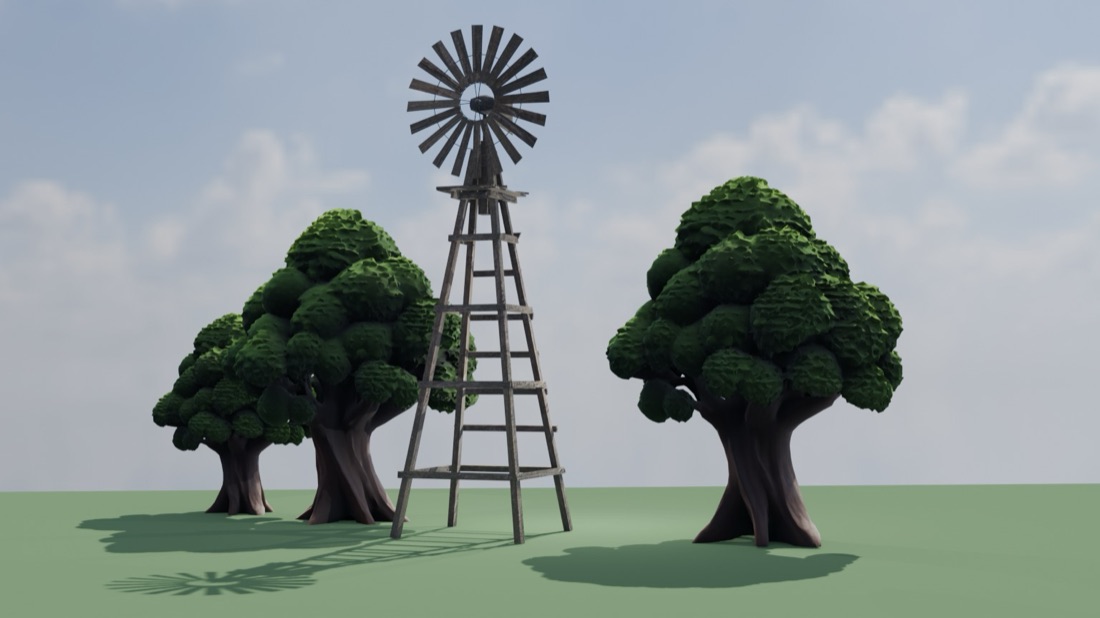 A wooden lattice farm windmill standing between two dense green trees on a flat green ground under a pale cloudy sky, with the mill's shadow falling left across the ground.