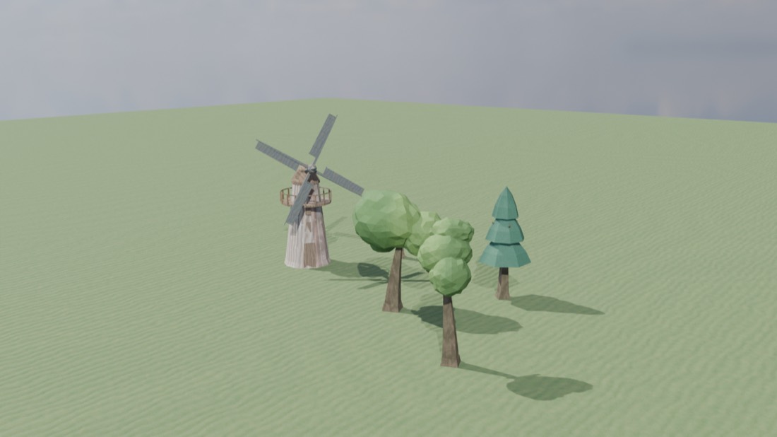 A small Dutch-style mill and three stylized trees, including a teal pine, sitting far up a pale green slope under a grey sky, photographed from a low wide angle.
